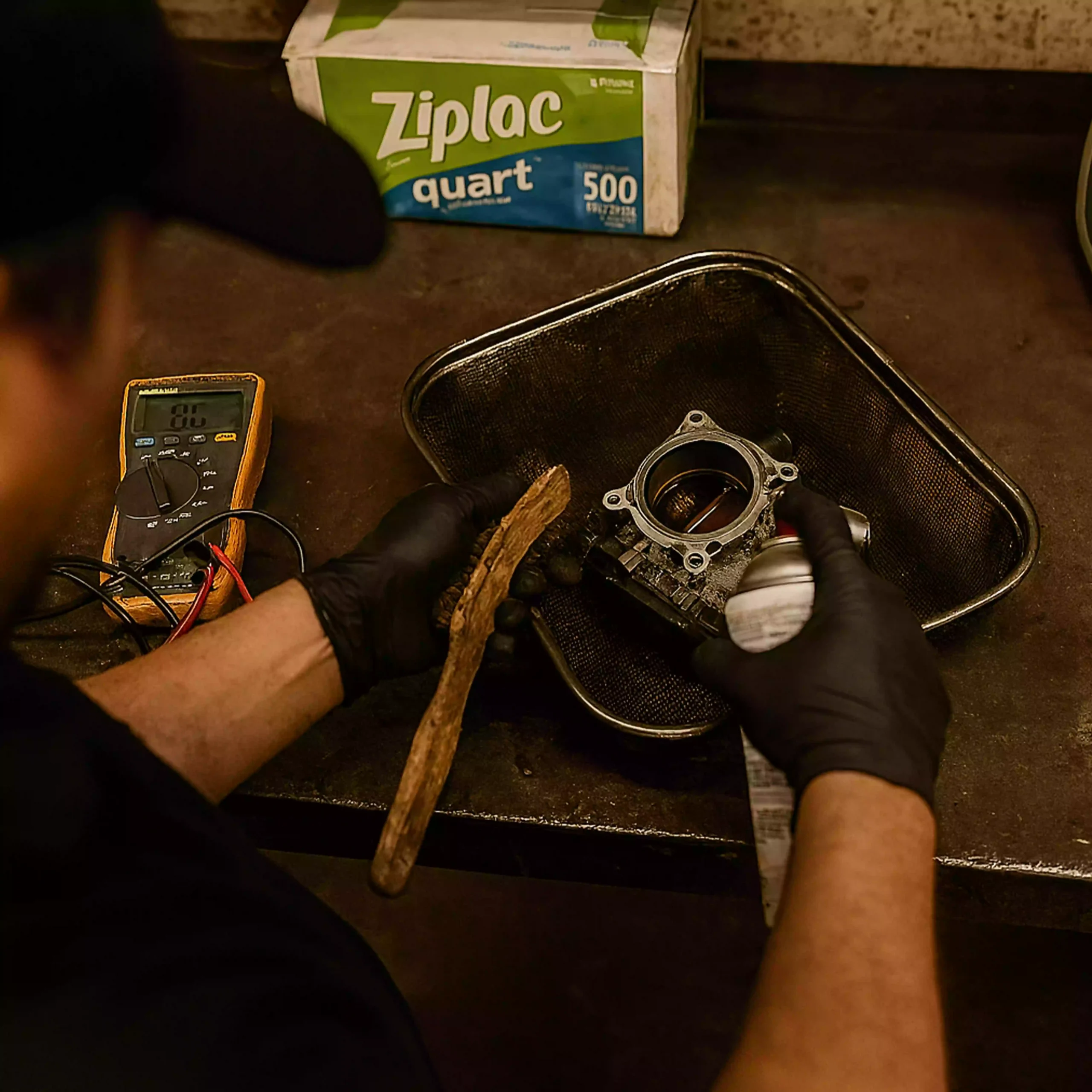 Close-up of a person wearing black gloves cleaning an automotive component placed in a metal tray. They hold a cleaning spray can in one hand and a wooden brush in the other. A digital multimeter and a box labeled "Ziplac quart" containing 500 plastic bags are visible on the workbench.