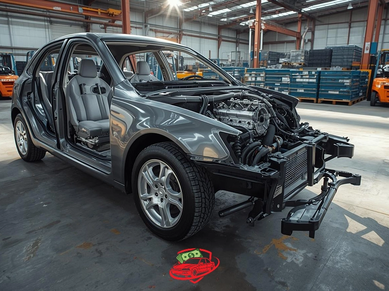 Stripped car body inside a warehouse with doors and front panels removed, exposing the engine and interior during dismantling or recycling.