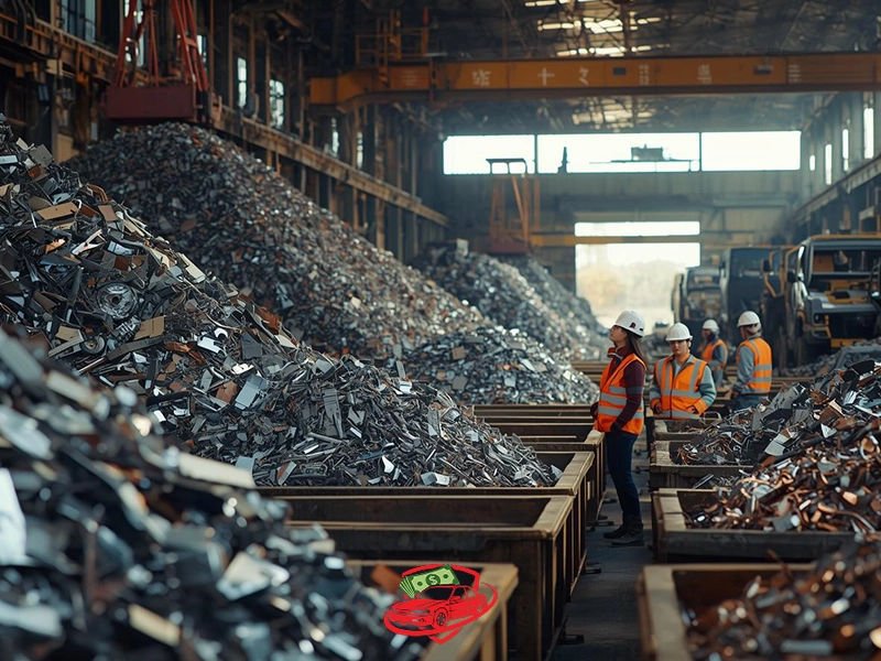 Workers in safety vests and hard hats inspecting large piles of shredded metal inside an industrial recycling facility.