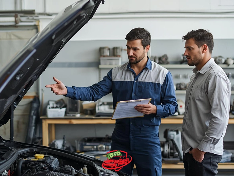 Auto mechanic showing a car engine to a customer in a repair shop, holding a clipboard and explaining mechanical issues with the hood open during a vehicle inspection.