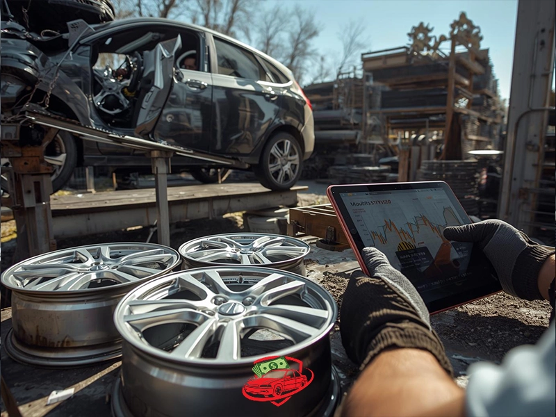 Stacked alloy car rims rest on a work surface at an auto salvage yard. In the background, a damaged vehicle sits elevated on a platform with its door removed. In the foreground, a person wearing gloves holds a tablet displaying market price charts, suggesting evaluation of scrap metal or auto parts value.