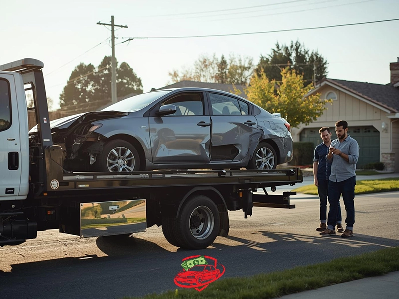 Damaged silver sedan loaded onto a flatbed tow truck in a quiet suburban neighborhood. Two men stand nearby on the street, looking at a smartphone while observing the vehicle. Houses, trees, and evening sunlight frame the scene, suggesting vehicle removal after an accident or for scrap pickup.