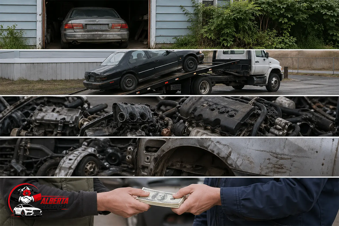 Auto wreckers in Irricana Alberta buying old damaged cars with towing service and cash payment for scrap vehicles.