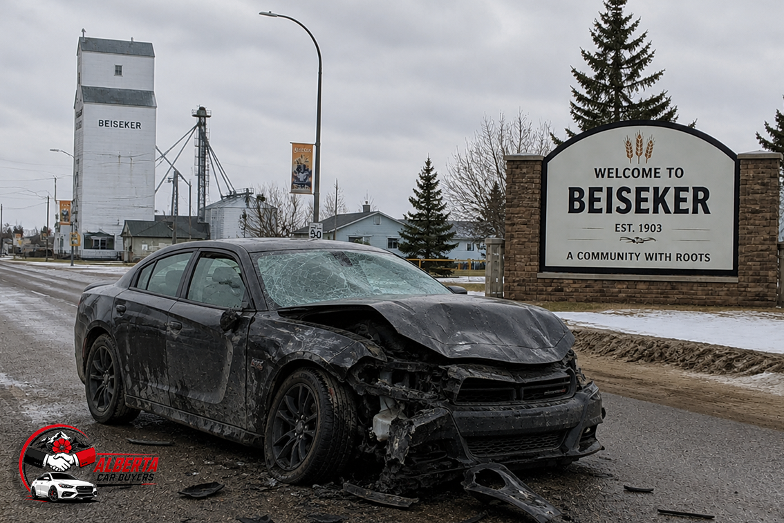 a wrecked car that is sitting in Beiseker