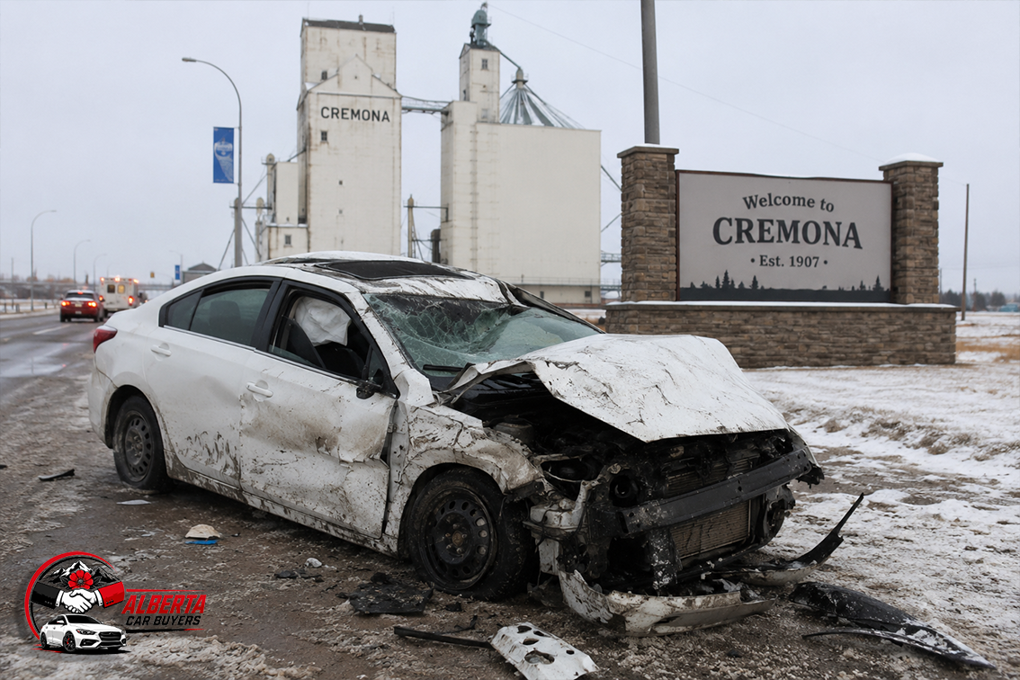 A white wrecked car in Cremona
