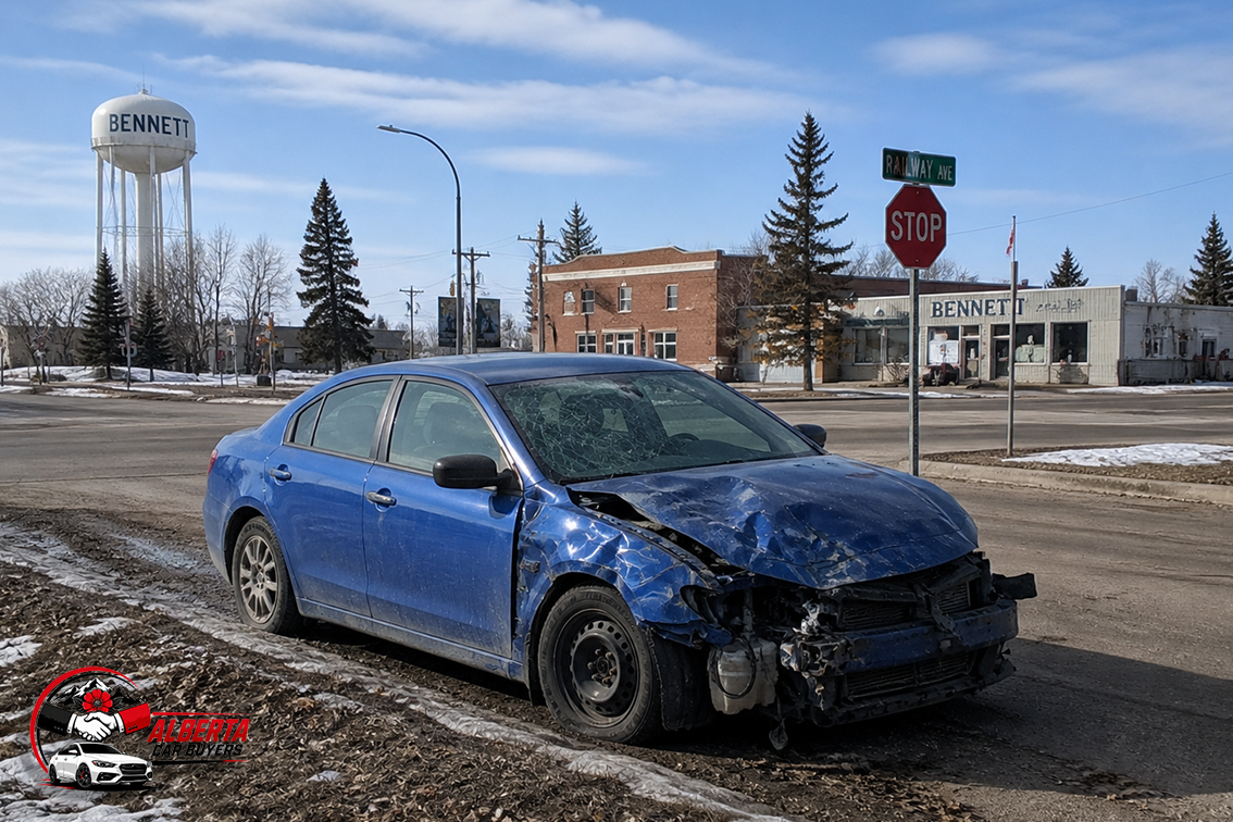 a wrecked car that is standing on bennet