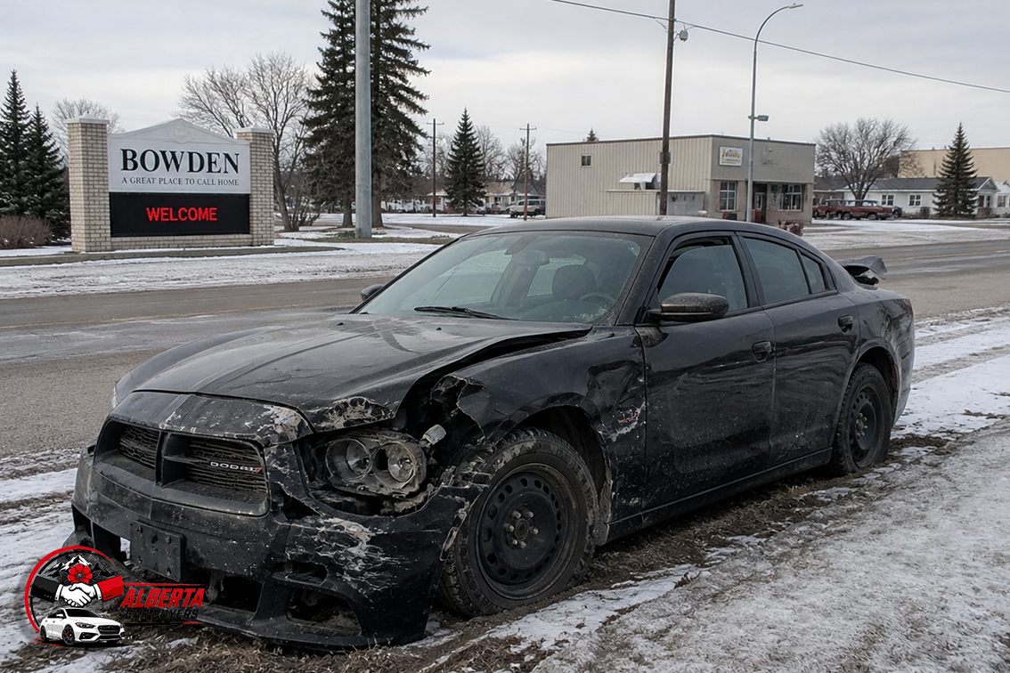 wrecked car stranded in snows in Bowden