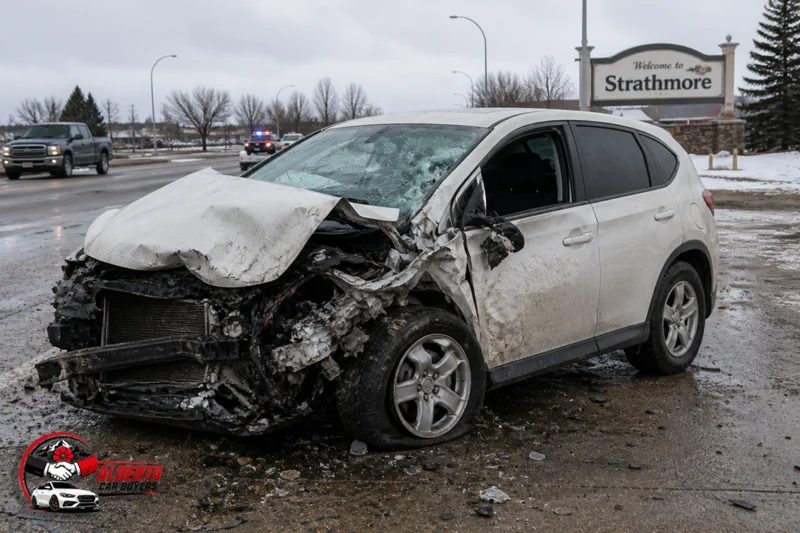 A wrecked car has fallen into Strathmore.