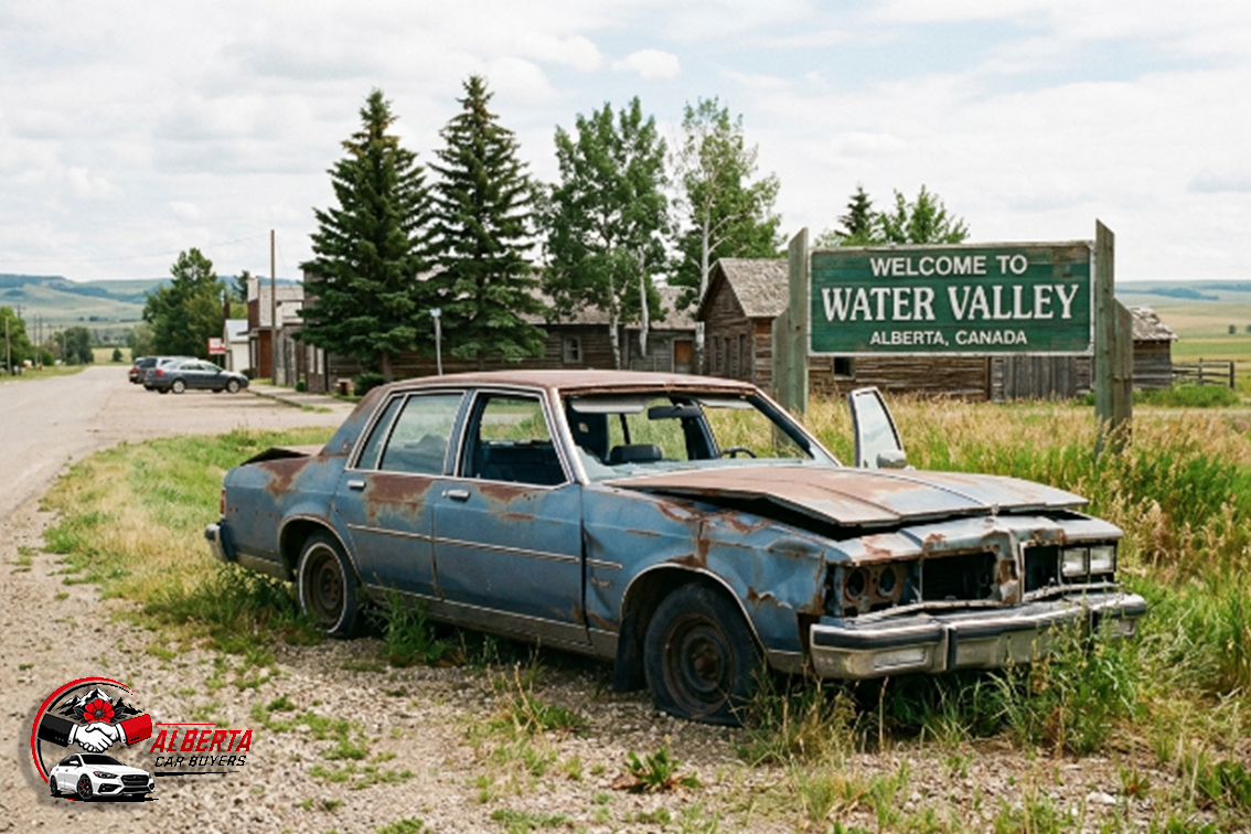 A wrecked car in Water Valley