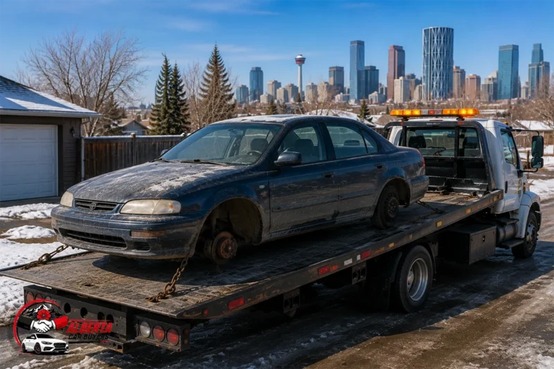 Flatbed carrying a car with no tires