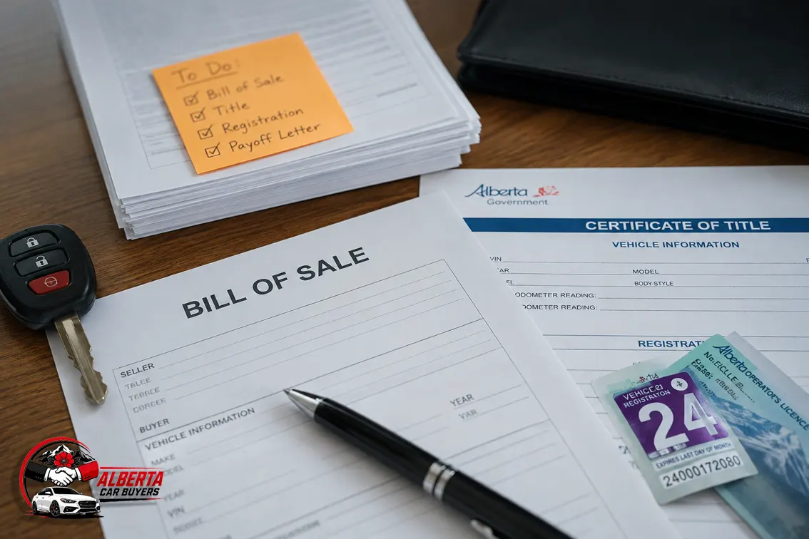 "Flat lay of car sale paperwork including a Bill of Sale form, Alberta Certificate of Title, vehicle registration sticker, and a car key, with a 'To Do' sticky note listing Bill of Sale, Title, Registration, and Payoff Letter, Alberta Car Buyers"