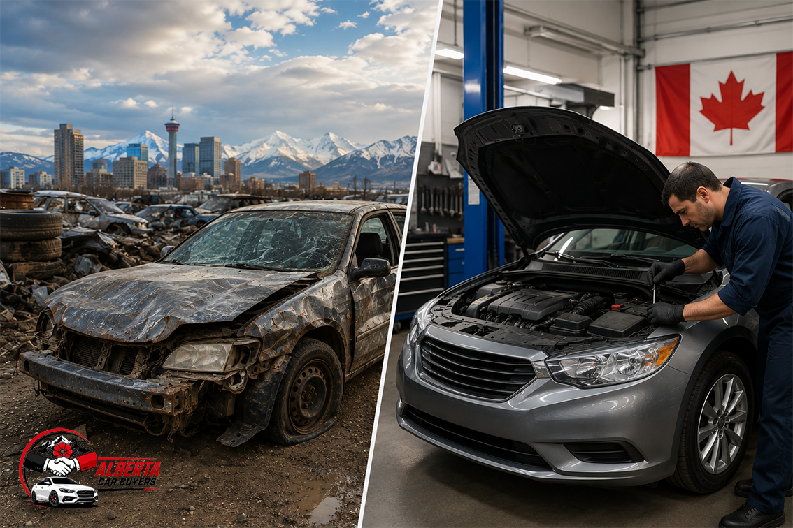Scrap car and repaired car side by side in Alberta