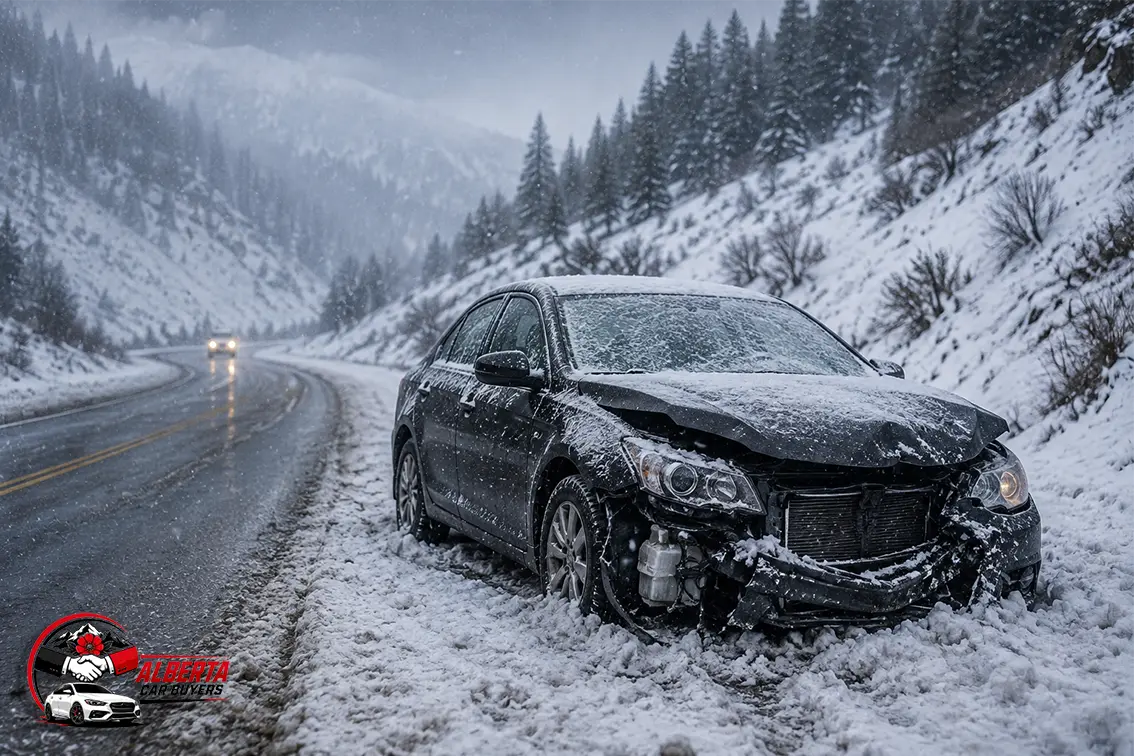 a damaged car which is stranded in snows
