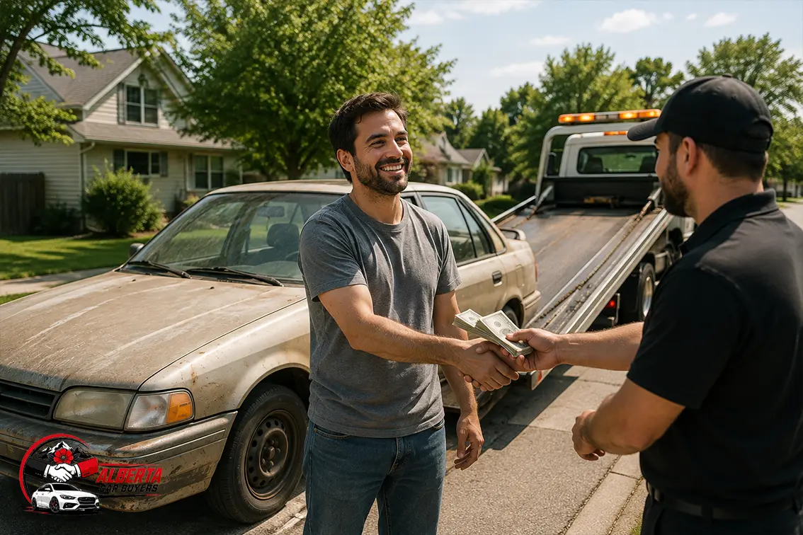 a happy person in processes of get rid of his junk car