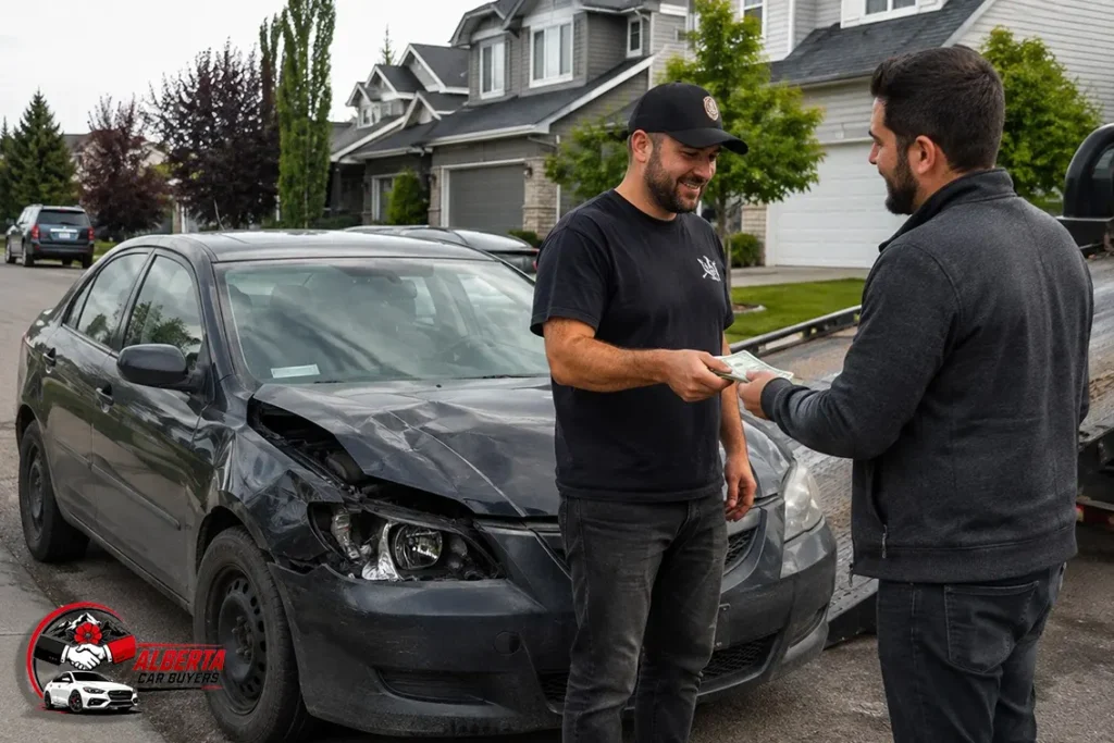 Damaged black sedan sold for cash in a suburban Alberta neighborhood with buyer handing over payment on an overcast day.