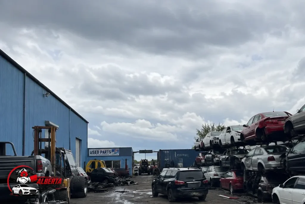 Used auto parts yard in Alberta with damaged vehicles stacked on racks, shipping container, and forklift beside a Used Parts warehouse
