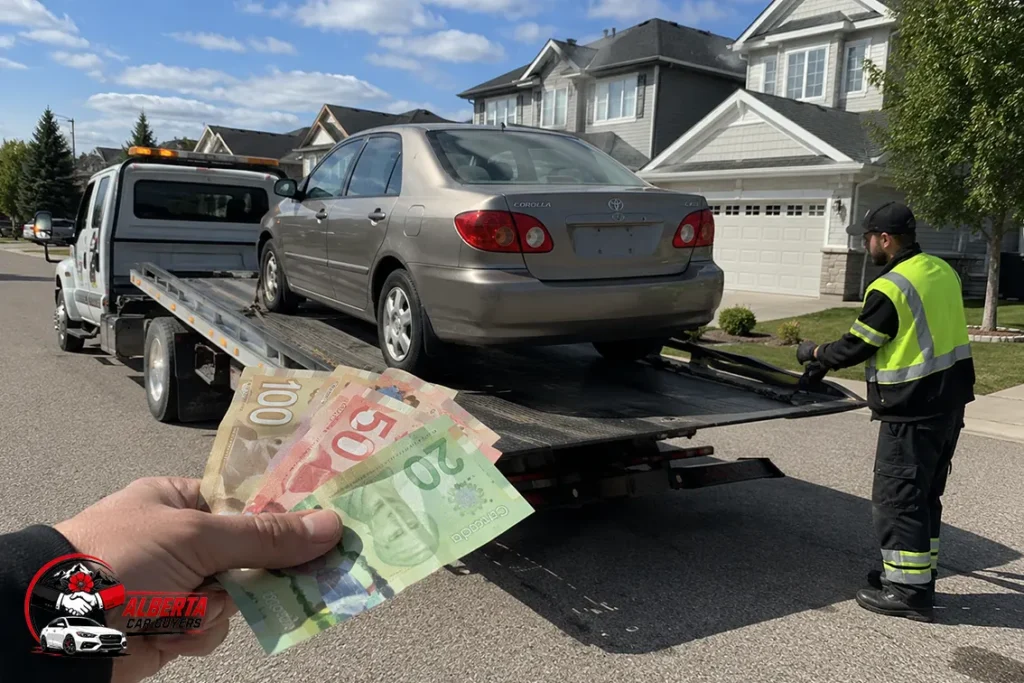 Flatbed tow truck hauling a Toyota Corolla as owner holds Canadian cash in a sunny Alberta neighborhood after car sale.