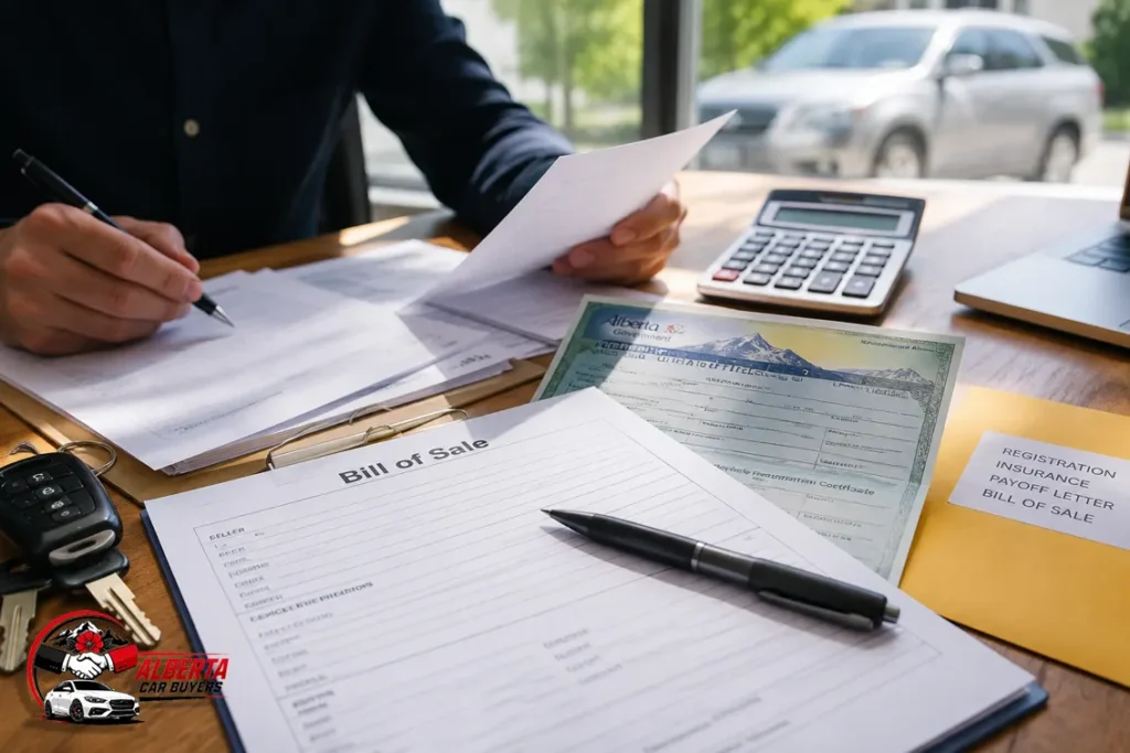 "Person filling out car sale paperwork at a desk with a Bill of Sale, Alberta vehicle registration certificate, calculator, car keys, and an envelope labeled Registration, Insurance, Payoff Letter, Bill of Sale, Alberta Car Buyers"